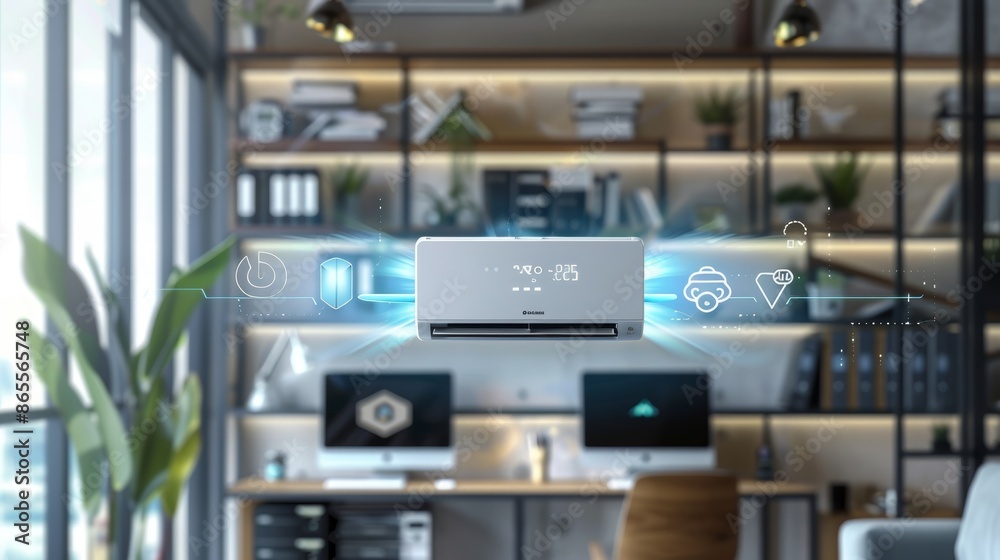 Smart Home Air Conditioner with Integrated Connectivity in a Stylish Home Office Smart Home Air Conditioner with Integrated Connectivity in a Stylish Home Office