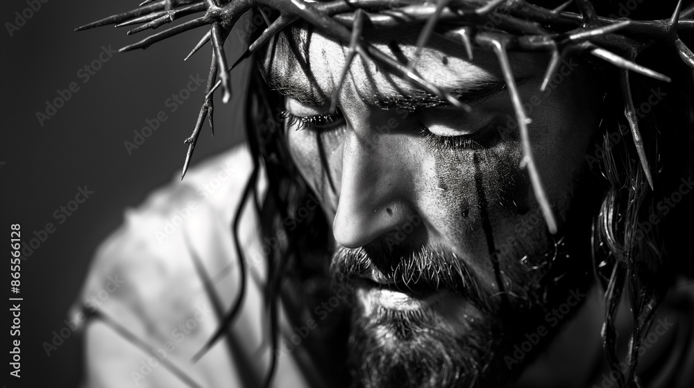 Jesus Cristo. Retrato de Jesus com coroa de espinhos. Preto e branco ...