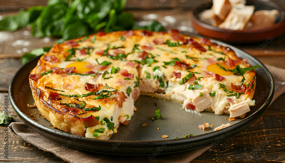 Crustless pie with bacon, egg, chicken, basil and cheese close-up on a plate on a wooden table Crustless pie with bacon, egg, chicken, basil and cheese close-up on a plate on a wooden table