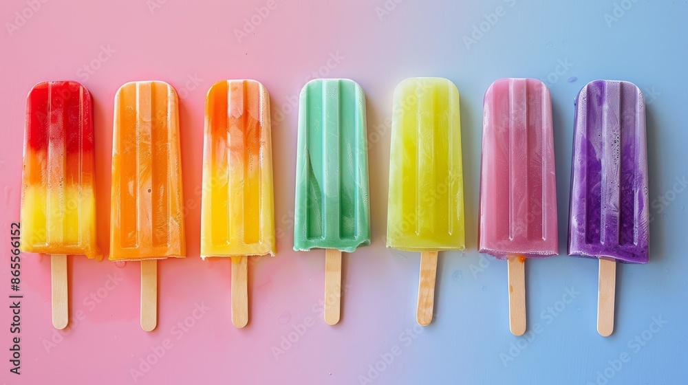 Colorful Popsicles Arranged in a Rainbow Gradient Against a Plain Background - Summer Refreshment Colorful Popsicles Arranged in a Rainbow Gradient Against a Plain Background - Summer Refreshment