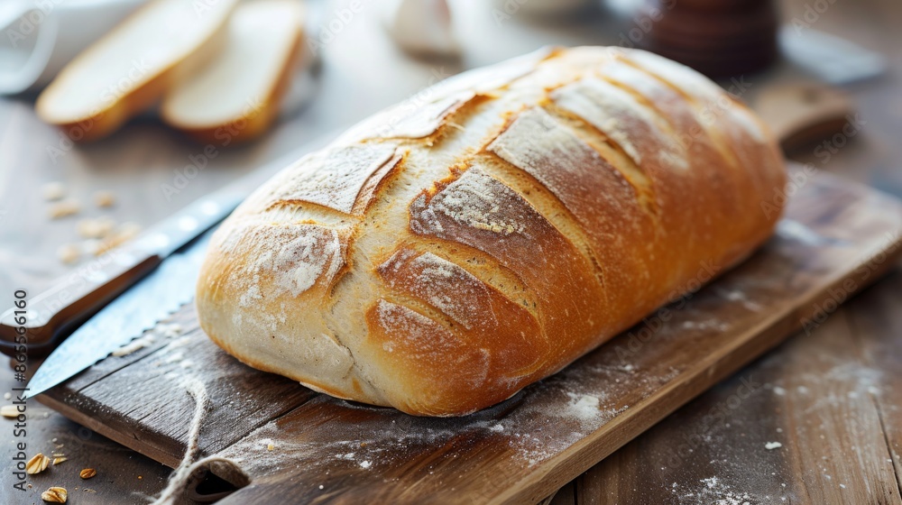 Freshly baked loaf of bread placed on a rustic wooden cutting board Freshly baked loaf of bread placed on a rustic wooden cutting board