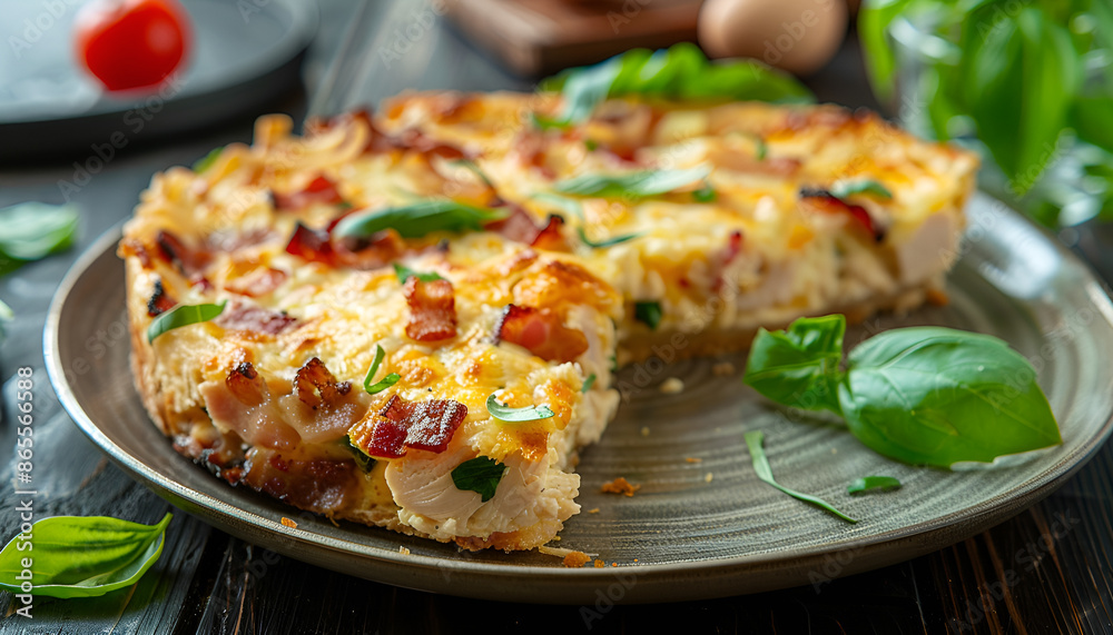 Crustless pie with bacon, egg, chicken, basil and cheese close-up on a plate on a wooden table Crustless pie with bacon, egg, chicken, basil and cheese close-up on a plate on a wooden table