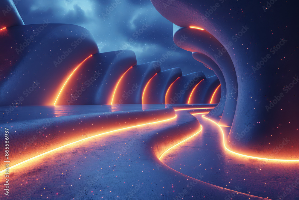 3d render, abstract minimal neon background with glowing wavy line. Generative AI 3d render, abstract minimal neon background with glowing wavy line. Generative AI