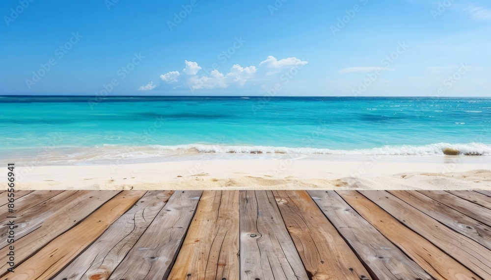 Fototapeta premium Serene Tropical Beach View with Clear Blue Ocean and Wooden Deck