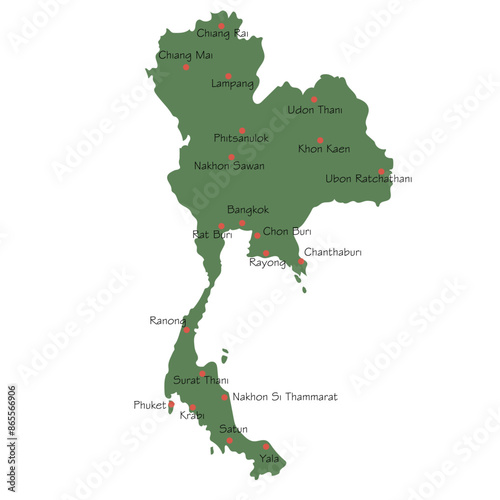 Hand drawn Thailand map with cities. Silhouette, South East Asia geography. Bangkok, Chiang Mai, Phuket. Vector isolated on white background