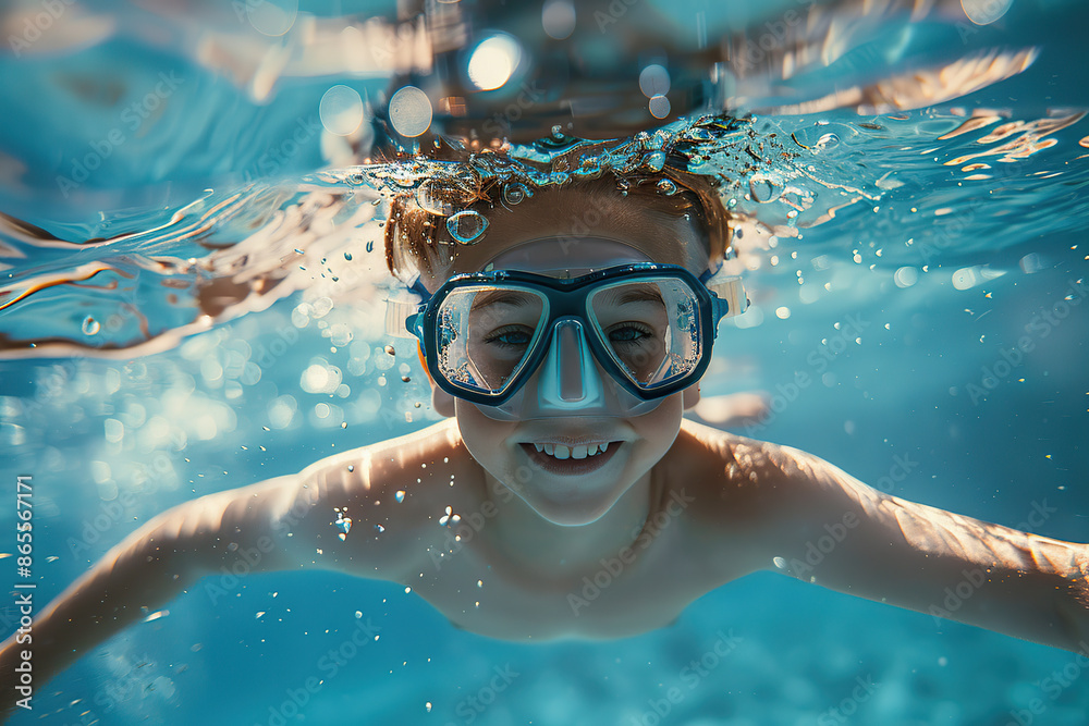 Fototapeta premium Underwater photo of young child boy swimming near corals and reefs