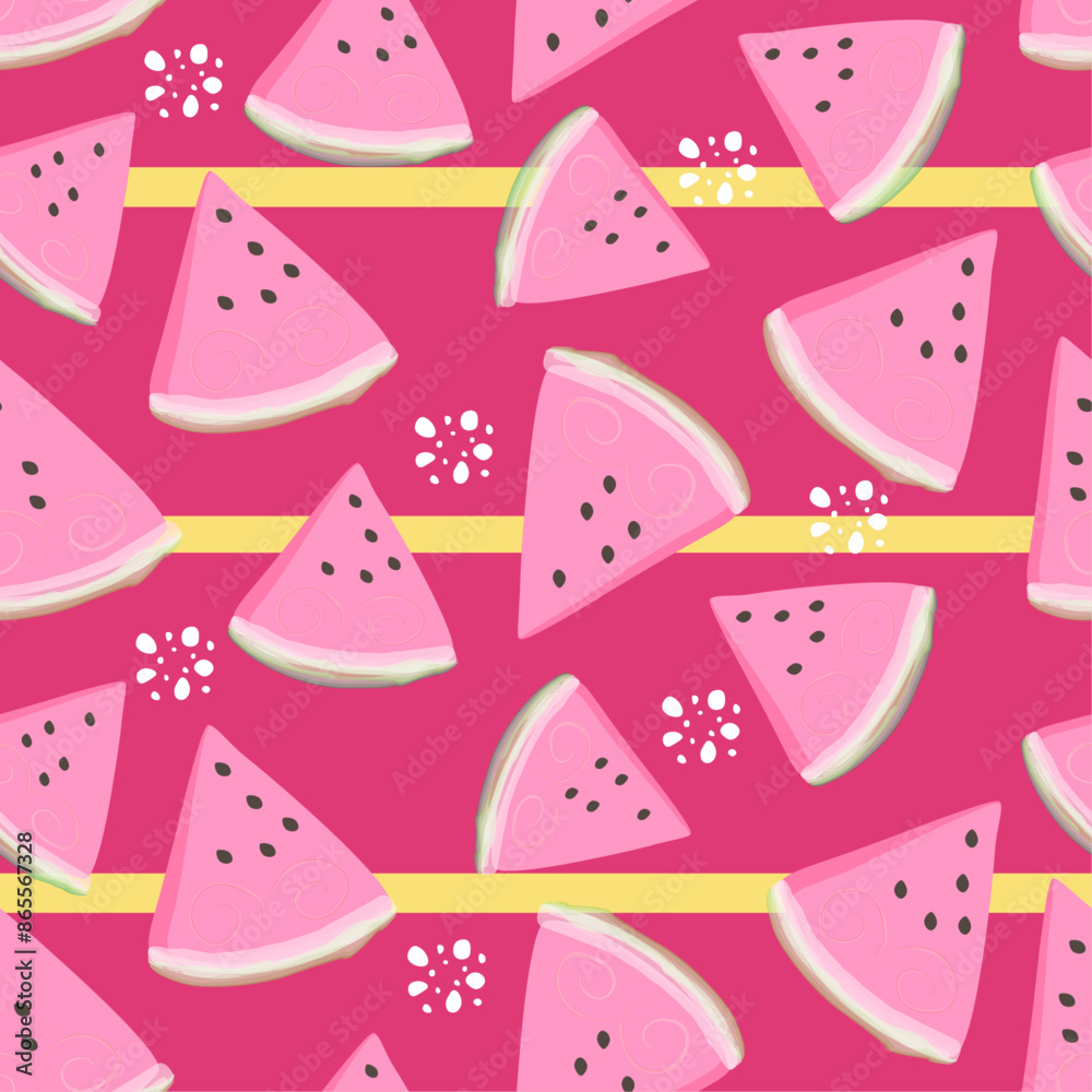 Seamless pattern of falling watermelon quarters on a bright background