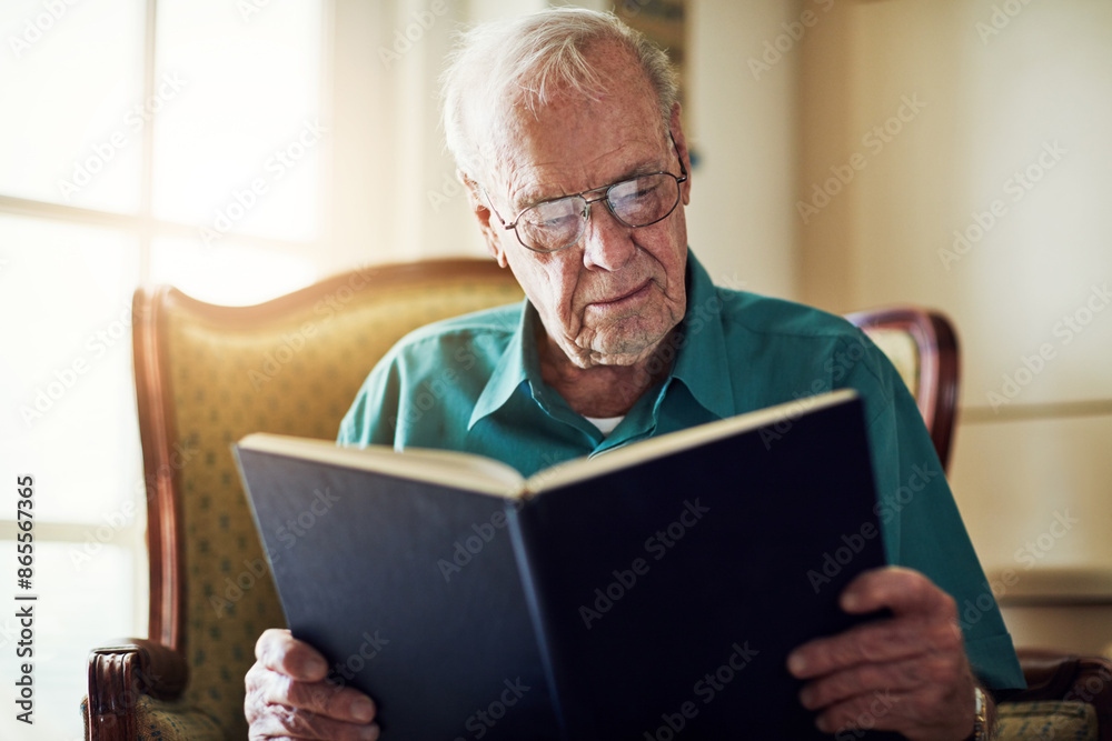 Elderly man, peace and reading book in home, literature and language for learning in retirement. Old person, fiction and textbook for knowledge to relax on sofa, glasses and studying information Elderly man, peace and reading book in home, literature and language for learning in retirement. Old person, fiction and textbook for knowledge to relax on sofa, glasses and studying information
