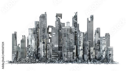 Collapsed buildings on a transparent white background