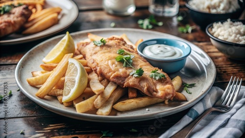 A classic plate of fish and chips with golden battered fish fillets and crispy fries, served with tartar sauce and a lemon wedge.