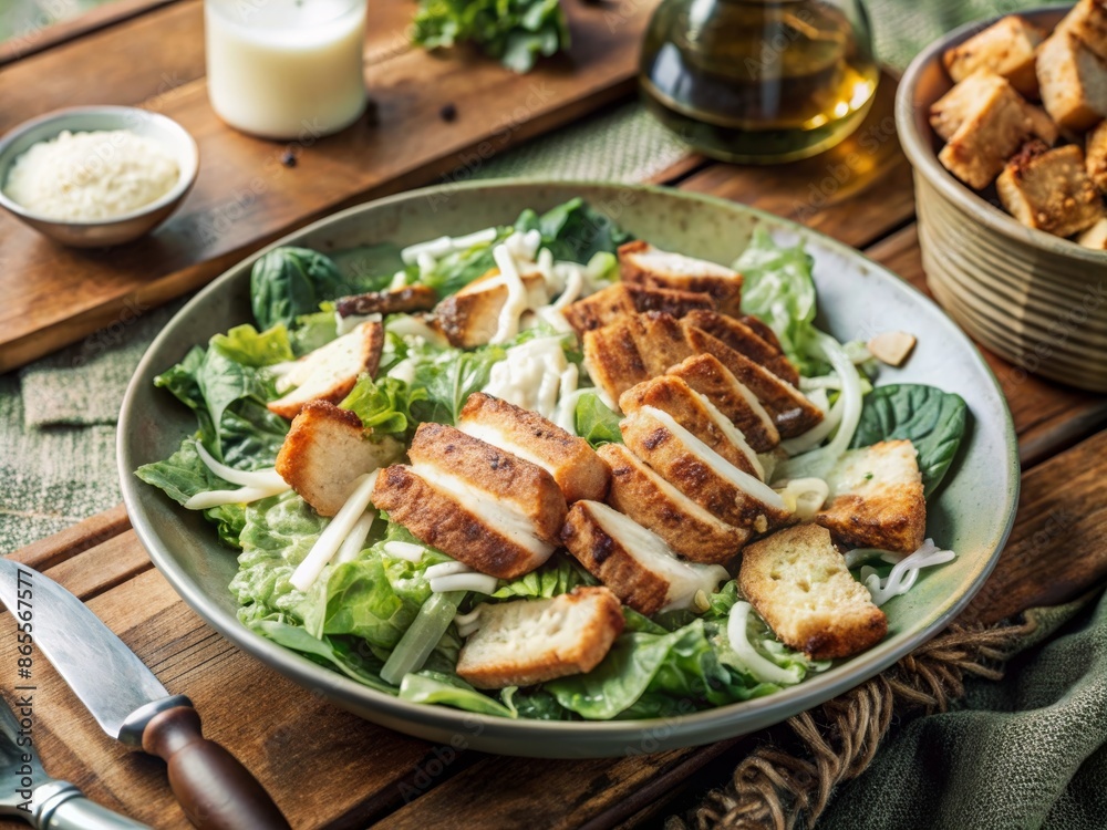 A fresh Caesar salad with romaine lettuce, croutons, parmesan cheese, and creamy Caesar dressing, topped with grilled chicken. A fresh Caesar salad with romaine lettuce, croutons, parmesan cheese, and creamy Caesar dressing, topped with grilled chicken.