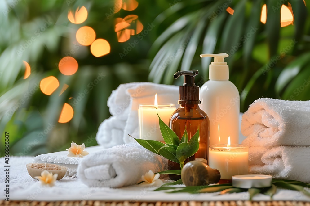 A luxury spa kit with organic products, soft towels, and aromatic candles A luxury spa kit with organic products, soft towels, and aromatic candles