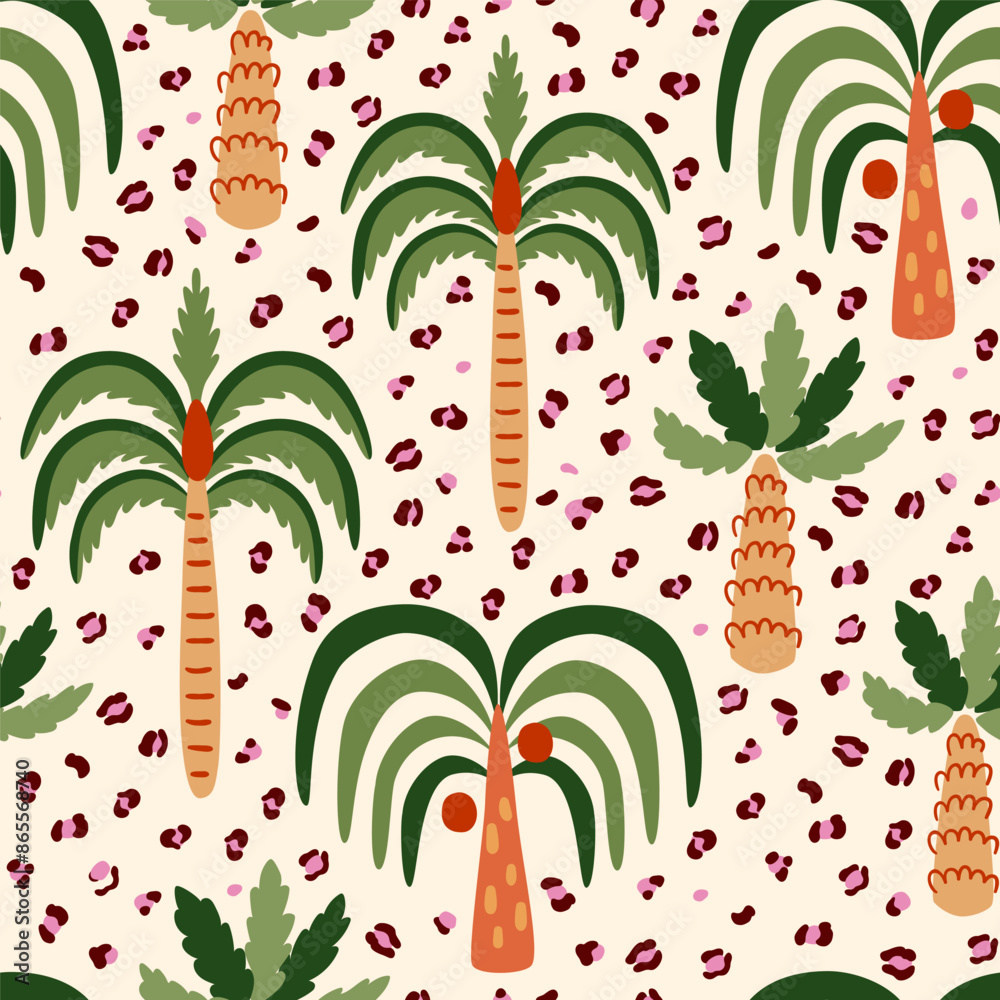 Tropical bold leopard animal skin, cute palm tree on beige seamless pattern. Funny jungle plants background. Summer beach floral design, vector print, kids wallpaper, textile, hand drawn wild life.