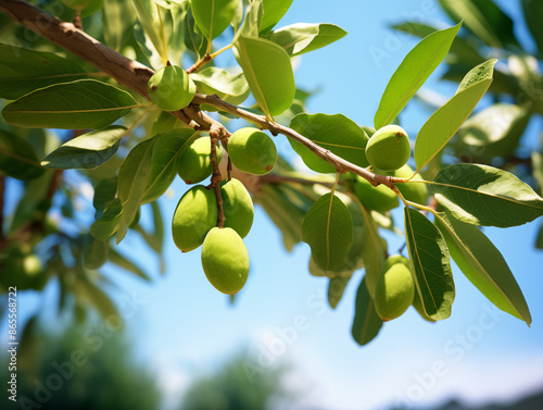 green almond fruit on almond tree on sunny day, professional lighting, ultra highly realistic, smooth light, PNG photo