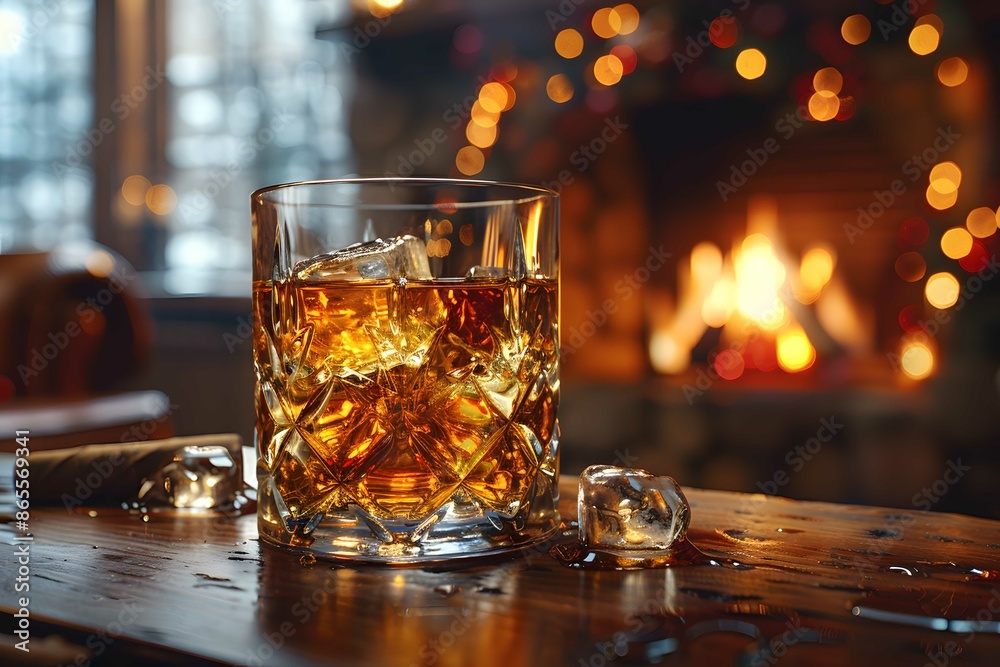 Glass of whiskey by the fireplace with a cigar. Glass of whiskey by the fireplace with a cigar.