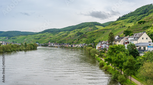 Panorama of Zell on the Mosel with Famous slate soils vineyards on the Moselle in a background