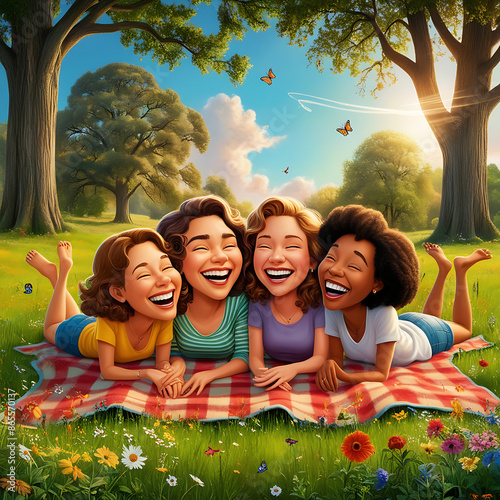 four giggling freinds in the park on a picnic