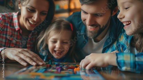 Happy family playing board game together at home. Parents and children having fun and bonding. Concept of family togetherness and quality time.