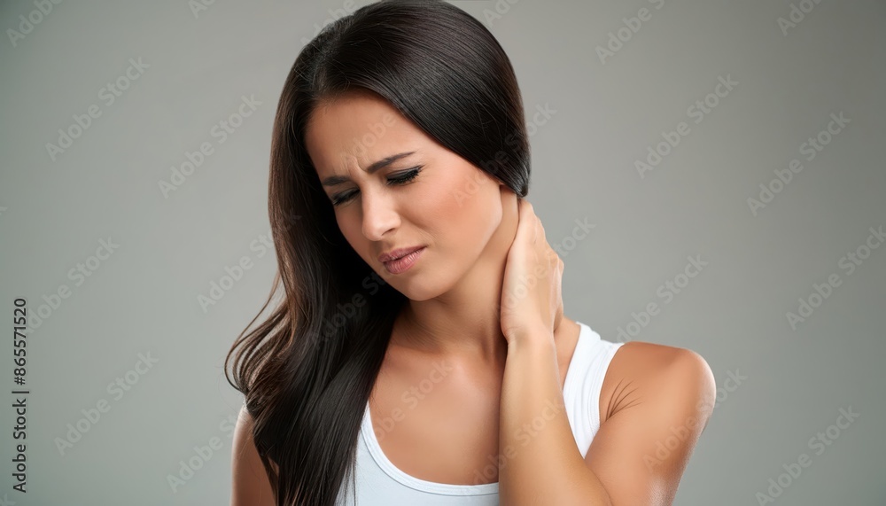 A woman pained expression holds her hand to her neck, indicating discomfort or pain against a neutral background A woman pained expression holds her hand to her neck, indicating discomfort or pain against a neutral background