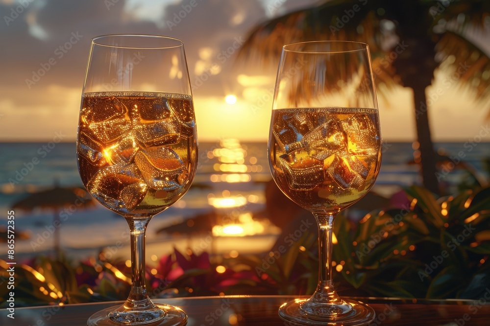 Two glasses of sparkling wine with ice on a table, overlooking a tropical beach at sunset, creating a romantic and serene atmosphere.
Two glasses of sparkling wine with ice on a table, overlooking a tropical beach at sunset, creating a romantic and serene atmosphere.