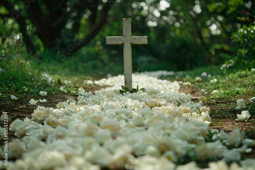 Path of white rose petals leading to a cross, symbolizing purity and faith. Perfect for themes of spirituality and devotion photo