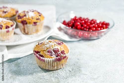 Murais de parede Homemade muffins baked with red currants and sprinkled with powdered sugar, frui