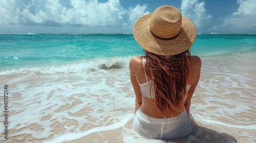 A beautiful beach scene with a green lawn chair on the sand. The chair is facing the ocean and the sky. The beach is surrounded by palm trees and rocks. Scene is peaceful and relaxing