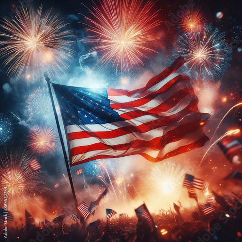 Vibrant American Flag and Fireworks Celebration at night  photo