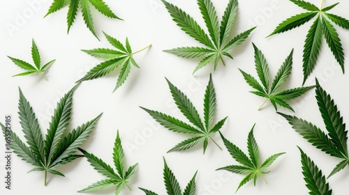 Cannabis leaves placed on a white background with labels of their medicinal properties, creating an informative and clean composition