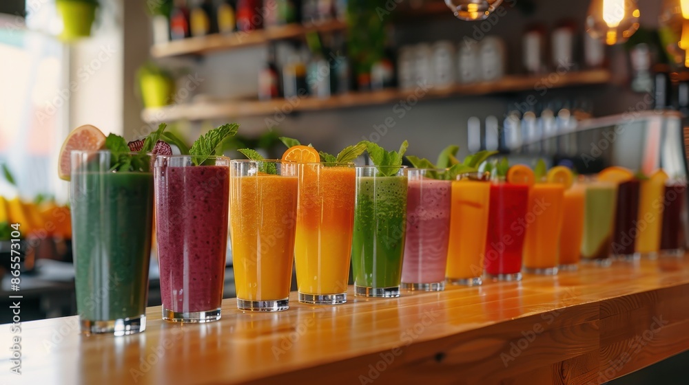 Varied smoothie flavors lined Varied smoothie flavors lined