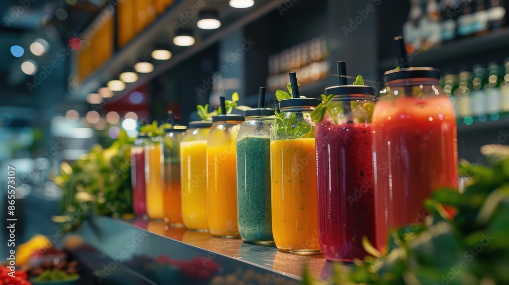 Varied smoothie flavors lined Varied smoothie flavors lined