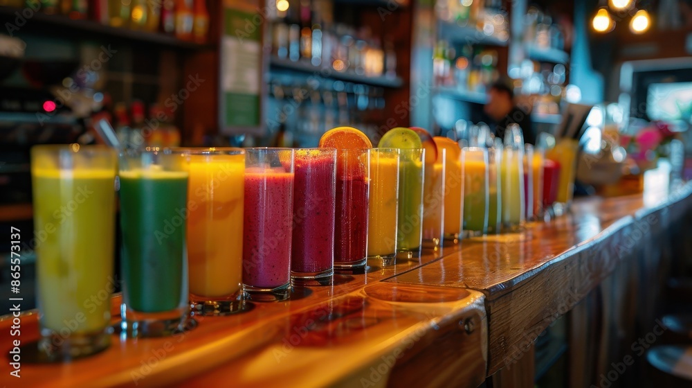 Varied smoothie flavors lined Varied smoothie flavors lined