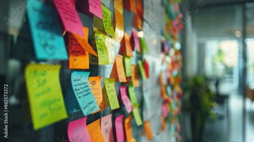 Colorful sticky notes on a glass wall for business planning and project management. Ideal for brainstorming and strategic meetings