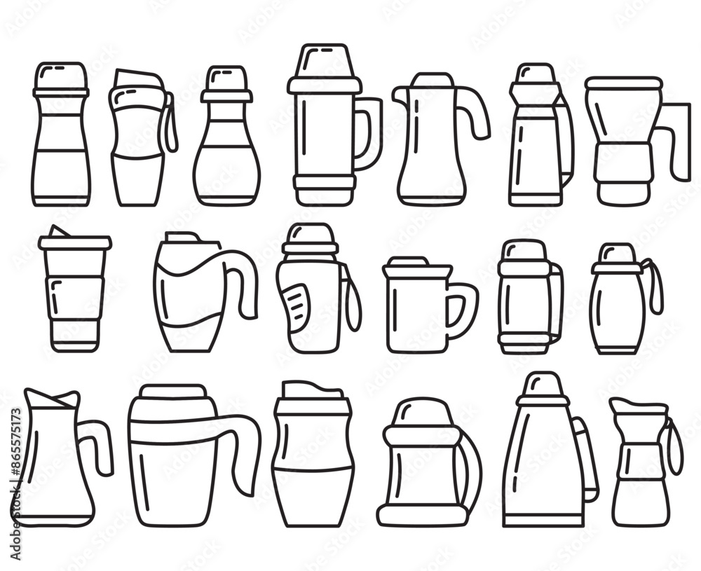 A set of thermoses.Thermos drink container.Flask or bottle with hot drink. Sport water bottle.Tumblers with cover.Thermo mugs.Outline vector illustration.thermos for hot beverages.Insulated travel mug A set of thermoses.Thermos drink container.Flask or bottle with hot drink. Sport water bottle.Tumblers with cover.Thermo mugs.Outline vector illustration.thermos for hot beverages.Insulated travel mug