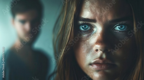 intense closeup of a young woman with piercing blue eyes her troubled expression hinting at inner turmoil a shadowy male figure looms in the softfocus background creating an air of mystery photo