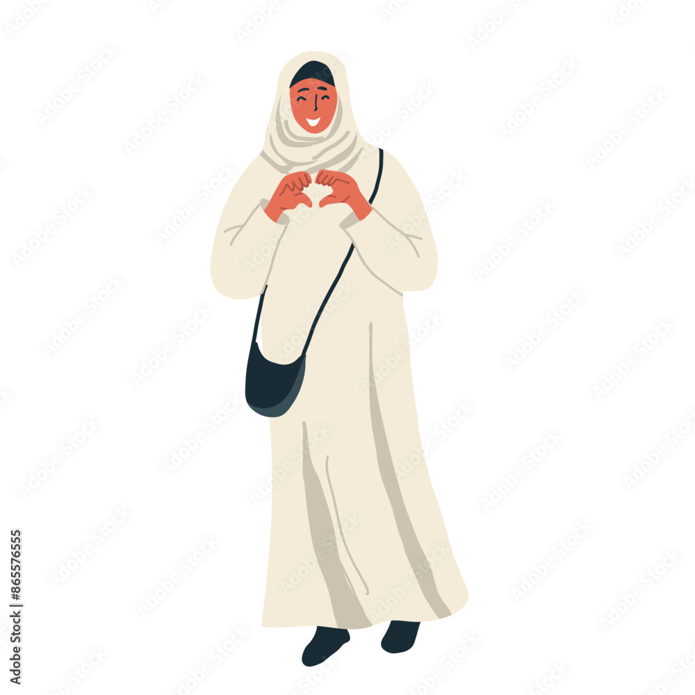 Smiling Arabic Muslim black woman in white hijab shows a heart with her hands. Hand drawn vector illustration. Smiling Arabic Muslim black woman in white hijab shows a heart with her hands. Hand drawn vector illustration.