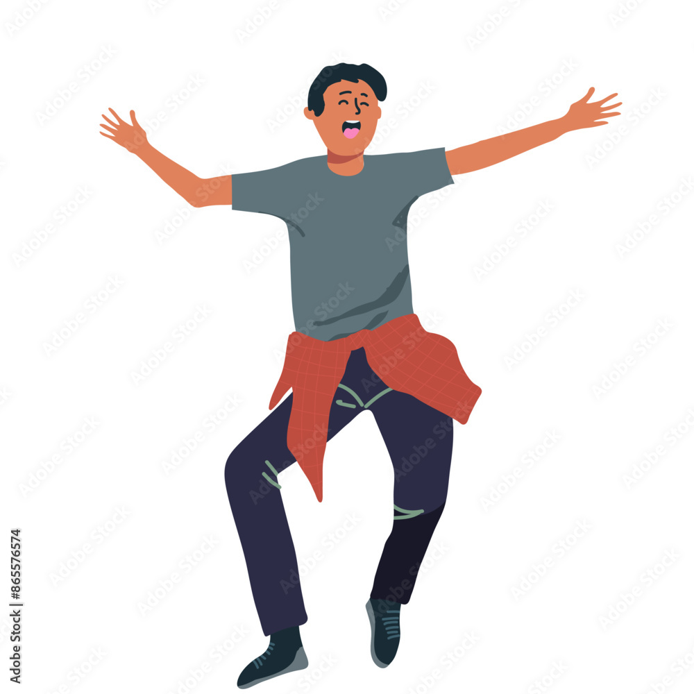 A young boy dancing, singing, having fun. Joyfully celebrating an event. Flat vector cartoon illustration A young boy dancing, singing, having fun. Joyfully celebrating an event. Flat vector cartoon illustration
