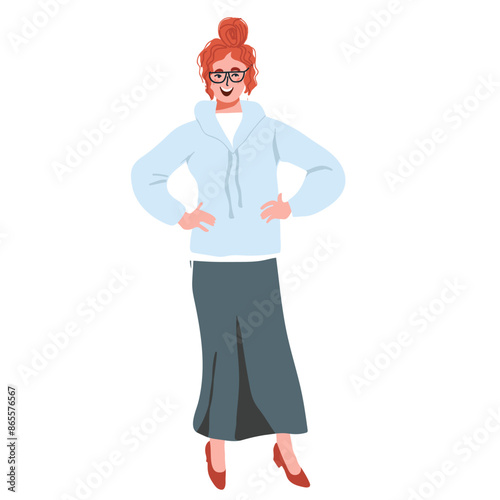 Young redheaded girl in hoodie and long skirt, smiling, positive attitude. Hand drawn vector illustration.