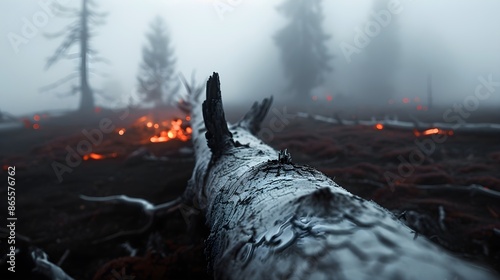 Charred Tree Trunk with Glowing Embers in a Misty Forest