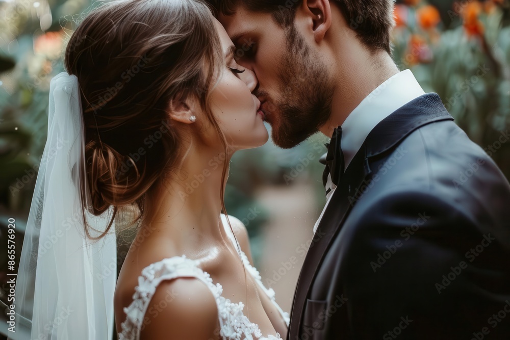 intimate wedding portrait closeup of bride and groom sharing tender kiss soft focus background of romantic garden setting delicate lace details of wedding dress visible intimate wedding portrait closeup of bride and groom sharing tender kiss soft focus background of romantic garden setting delicate lace details of wedding dress visible
