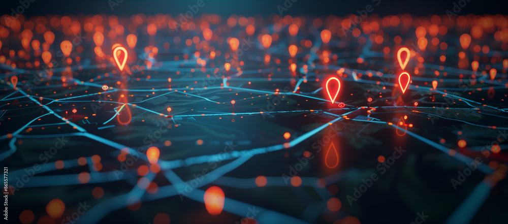 3d map of city with red glowing location pins and blue lines connecting ...
