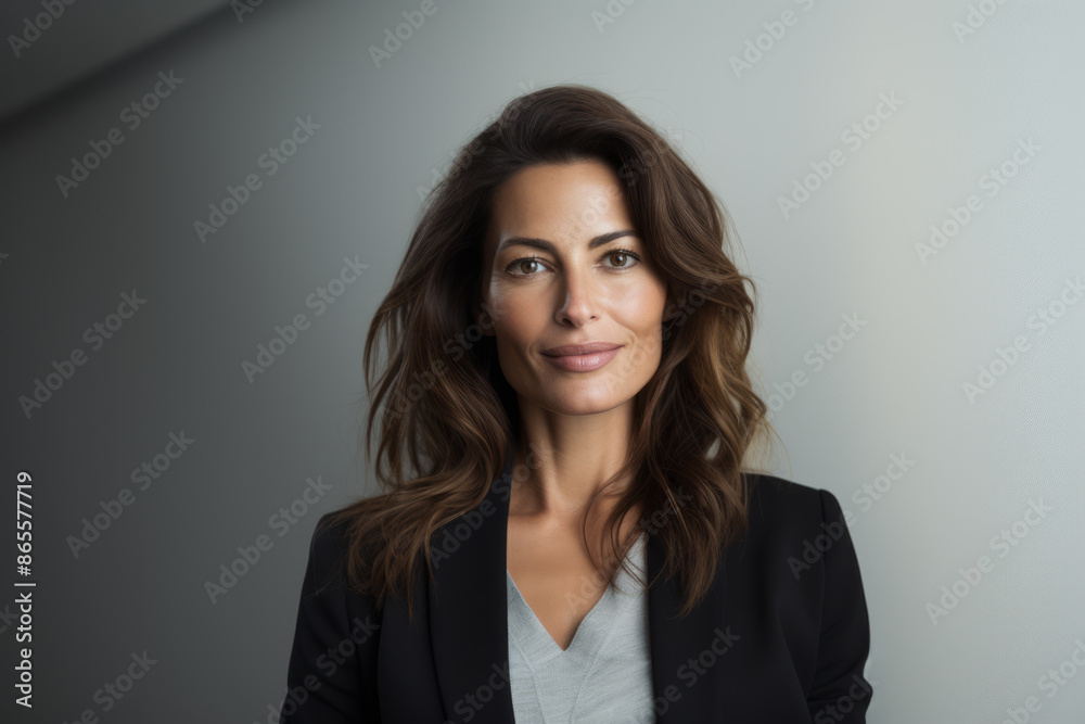 Portrait of beautiful middle aged woman wearing black suit in office Portrait of beautiful middle aged woman wearing black suit in office