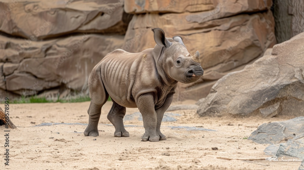 A young white rhinoceros calf stands on sandy ground in a zoo exhibit, facing to the right A young white rhinoceros calf stands on sandy ground in a zoo exhibit, facing to the right