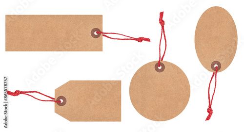 Set of blank paper tags of various shape with red twine isolated on transparent background