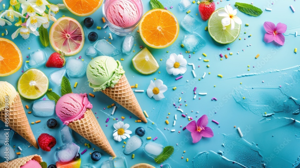 Fototapeta premium Vibrant Ice Cream Cones with Summery Elements and Refreshing Beverages