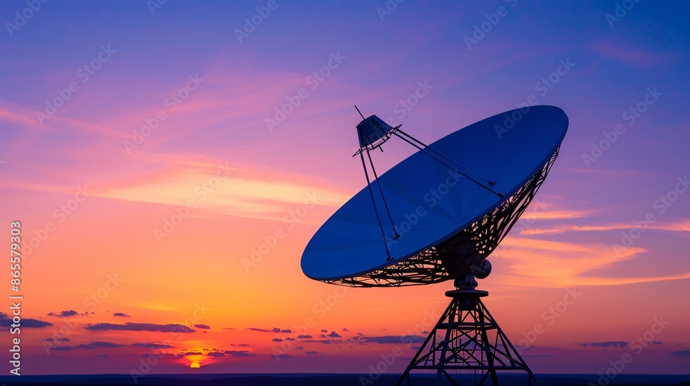 Contemporary photograph of a giant satellite dish against a sunset landscape, merging technology with natural beauty, Modern, Vibrant sunset hues, Highresolution, Detailed dish, expansive sky Contemporary photograph of a giant satellite dish against a sunset landscape, merging technology with natural beauty, Modern, Vibrant sunset hues, Highresolution, Detailed dish, expansive sky