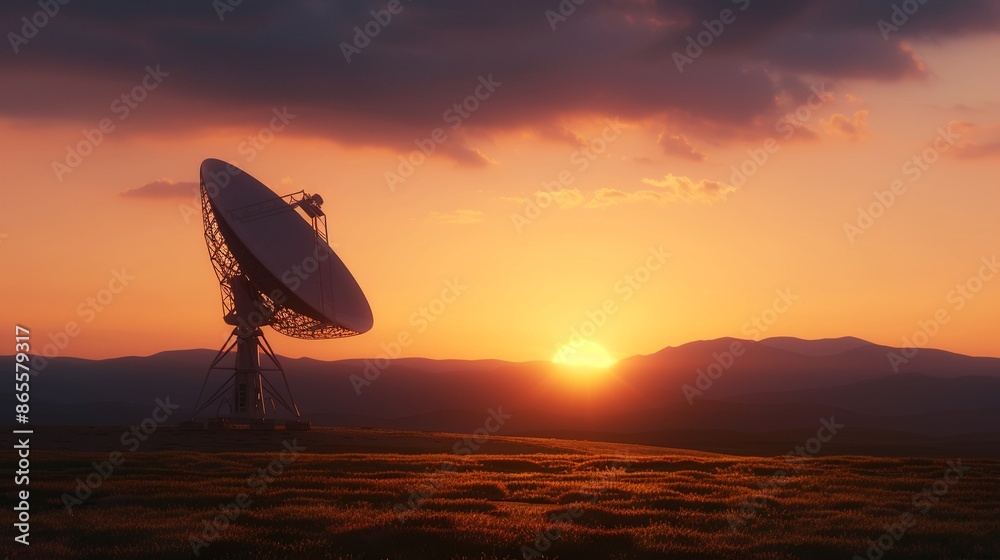 Sunset over a landscape with a giant satellite dish in the foreground, blending technological elements with natural beauty, contemporary photography, Realism, Warm oranges and cool metallics, 8K Ultra