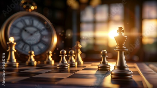Digital artwork of an intense chess match, highlighting pieces and a clock, with warm, highcontrast lighting creating a strategic ambiance, Realistic Art, Golden light, dark shadows, Highdefinition, S photo