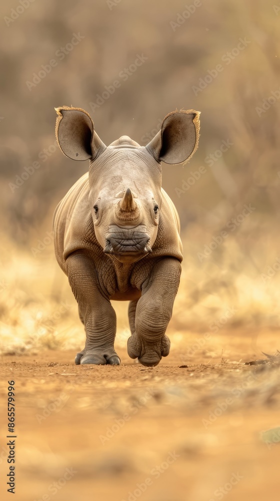 Fototapeta premium A young white rhinoceros calf stands on sandy ground in a zoo exhibit, facing to the right