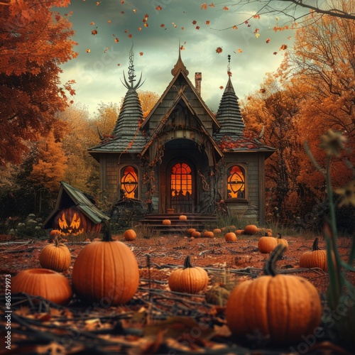 Halloween Theme: Old House with Pumpkins in Autumn Garden